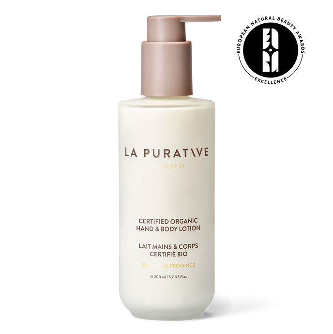 Flacon de lait mains et corps bio, soin hydratant naturel pour une peau douce et nourrie