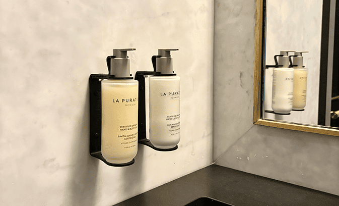 La Purative organic toiletries in a luxury hotel bathroom in Monaco